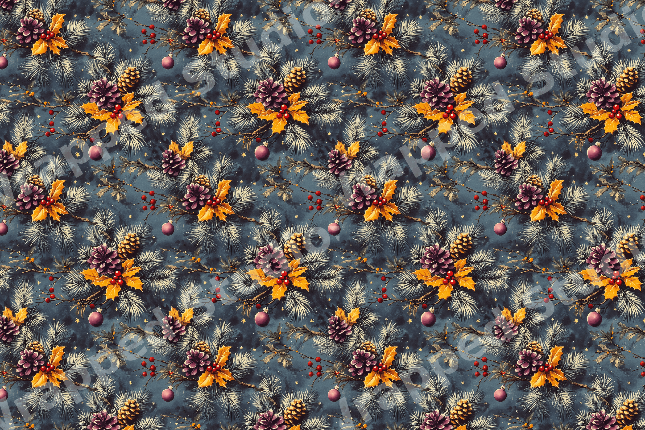 Vintage botanical Christmas pattern with pine branches, pinecones, and golden holly on dark blue.