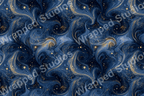 Elegant abstract swirl pattern in shades of blue with gold accents and sparkling dots.
