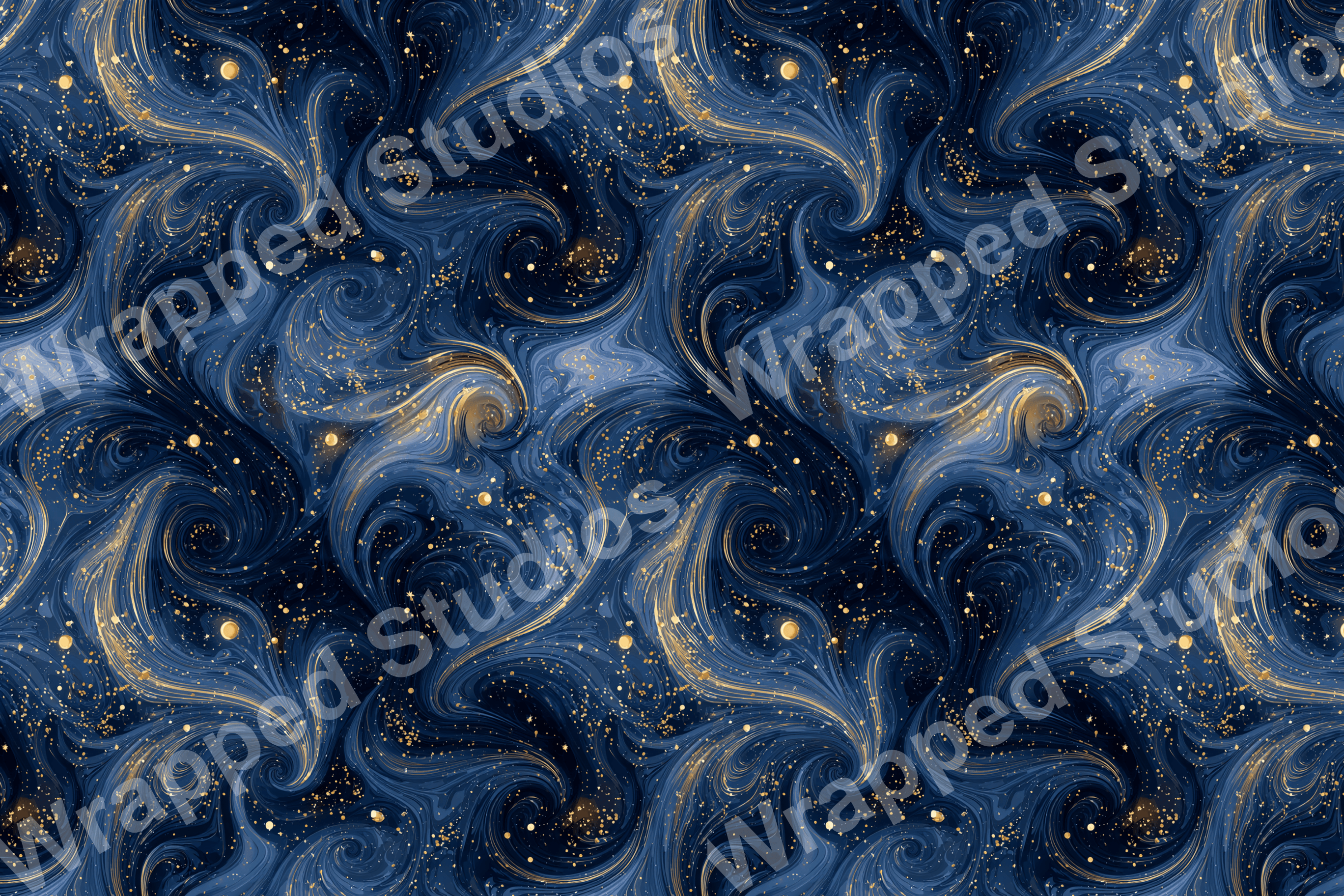 Elegant abstract swirl pattern in shades of blue with gold accents and sparkling dots.