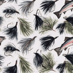 Vintage fly fishing pattern featuring rainbow trout, fishing lures, and pine needles.