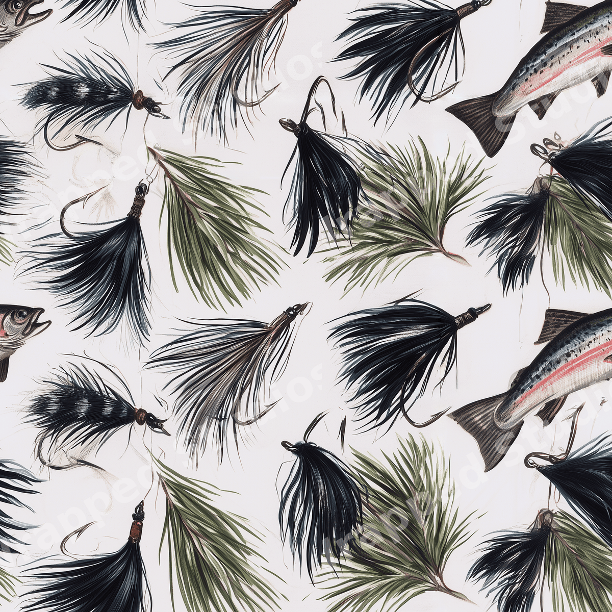 Vintage fly fishing pattern featuring rainbow trout, fishing lures, and pine needles.
