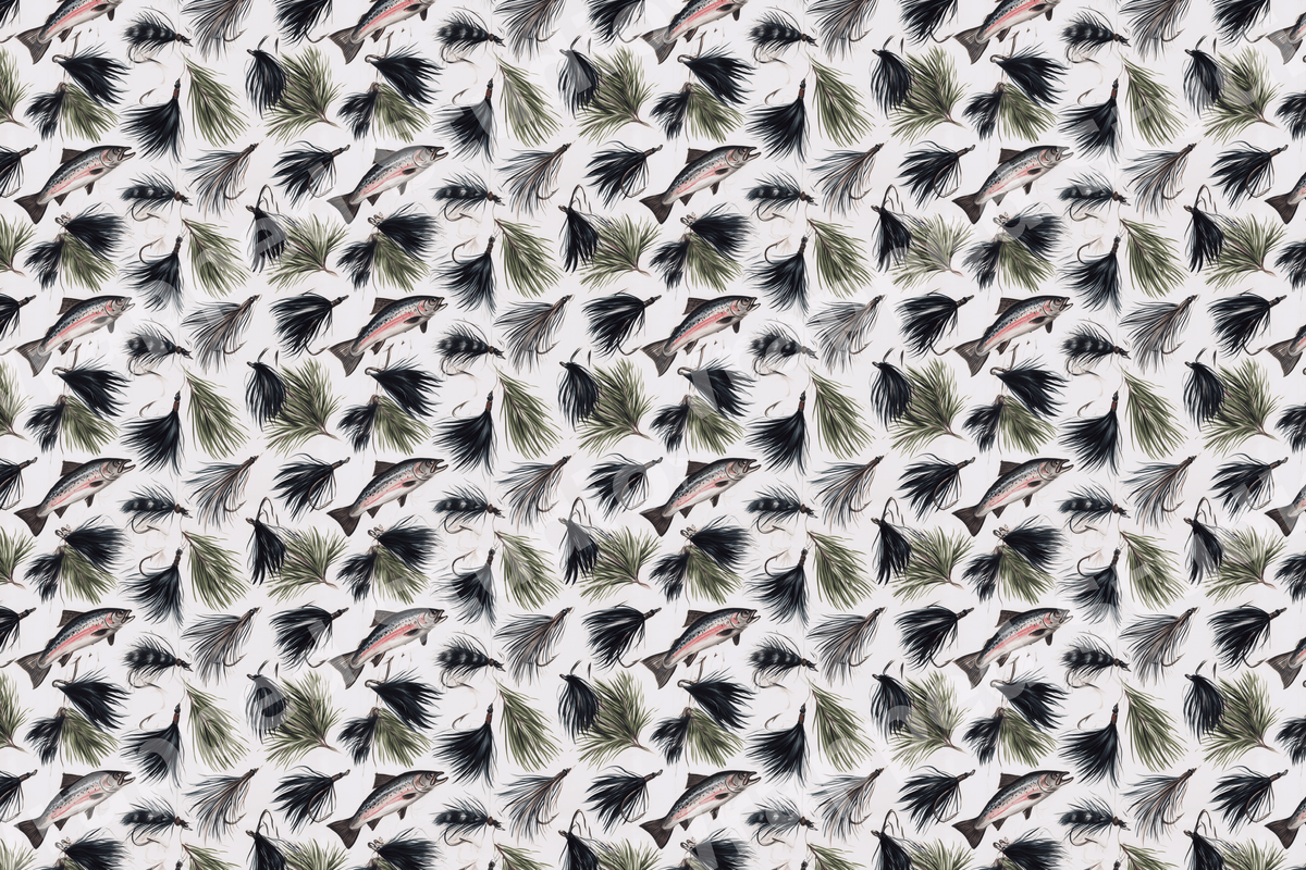 Rustic fly fishing pattern with watercolor rainbow trout, fishing flies, and pine needles.