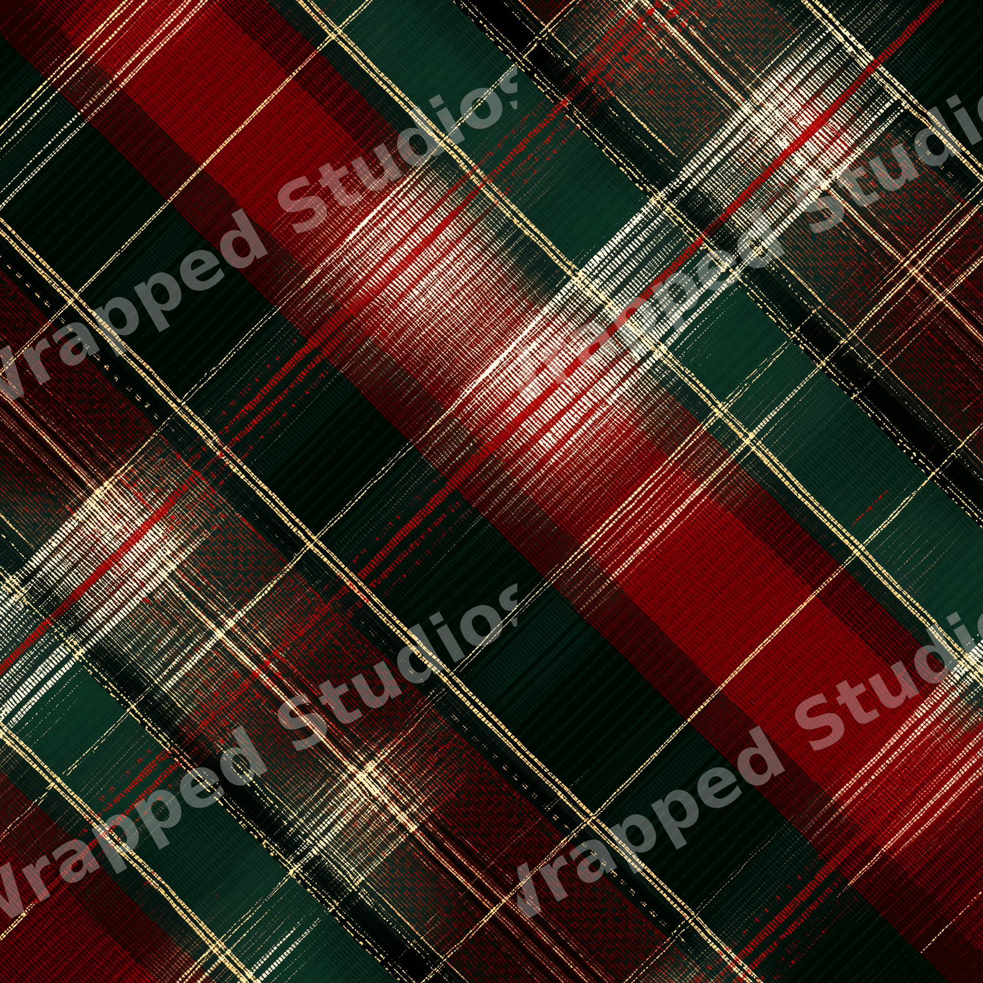 Elegant Christmas tartan pattern in dark green and deep red plaid with distressed gold lines.