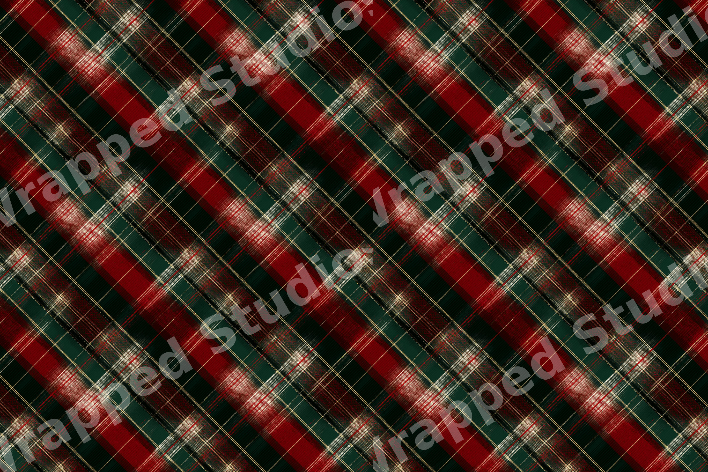 Traditional red and green Christmas plaid pattern with gold accents in a textured tartan design.