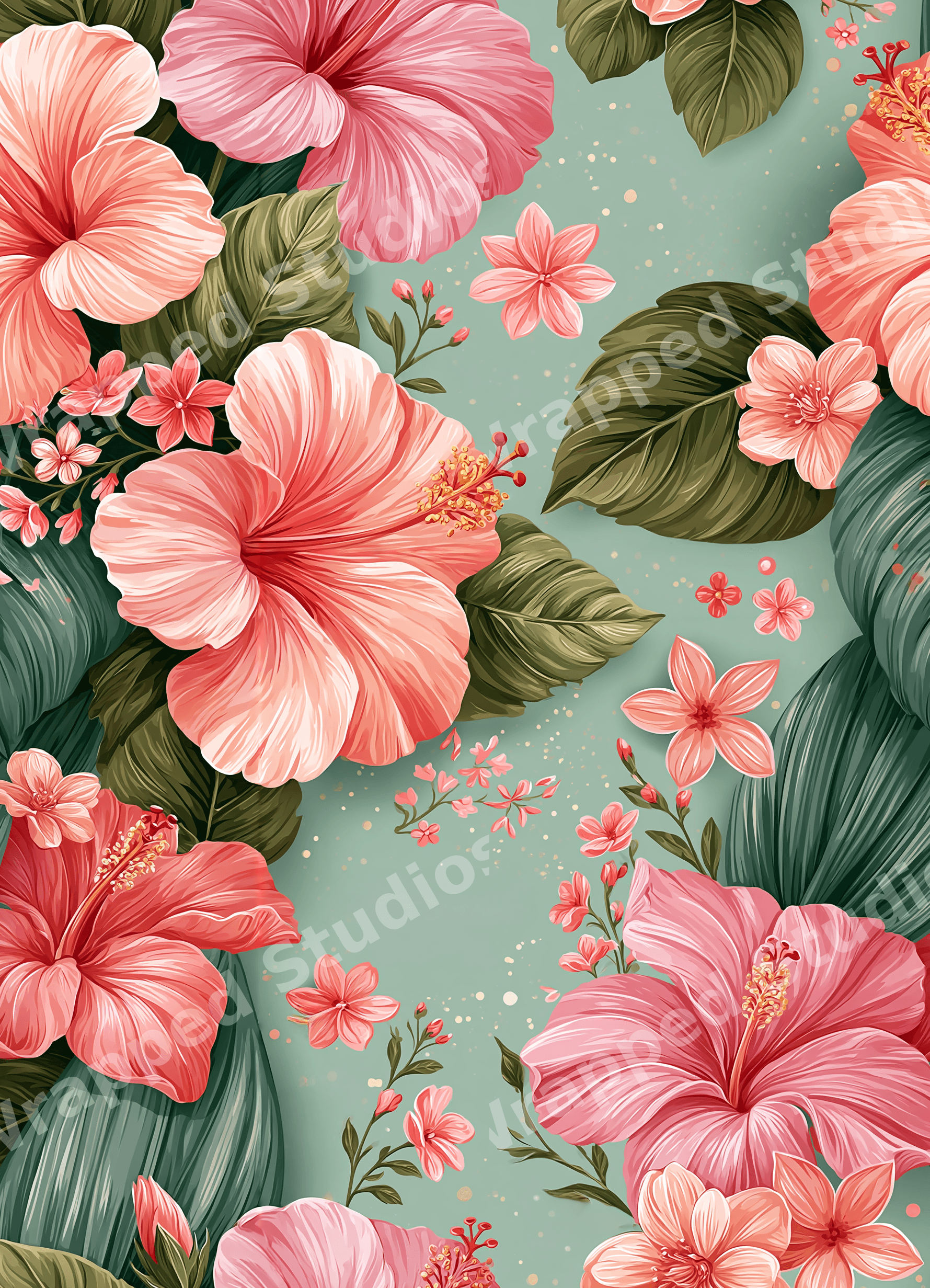 Tropical floral pattern featuring pink hibiscus flowers and green leaves on a sage green background.
