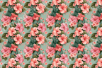 Seamless tropical floral pattern featuring pink hibiscus flowers and green leaves in a vintage botanical design.