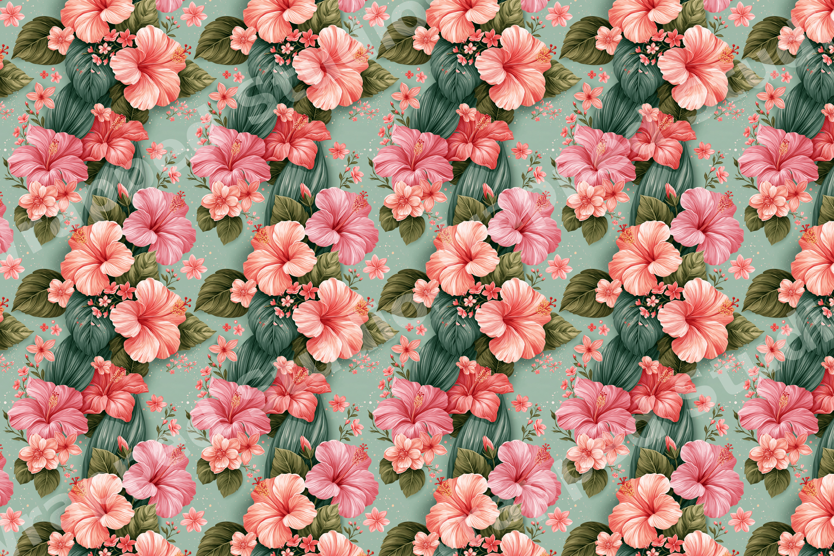 Seamless tropical floral pattern featuring pink hibiscus flowers and green leaves in a vintage botanical design.