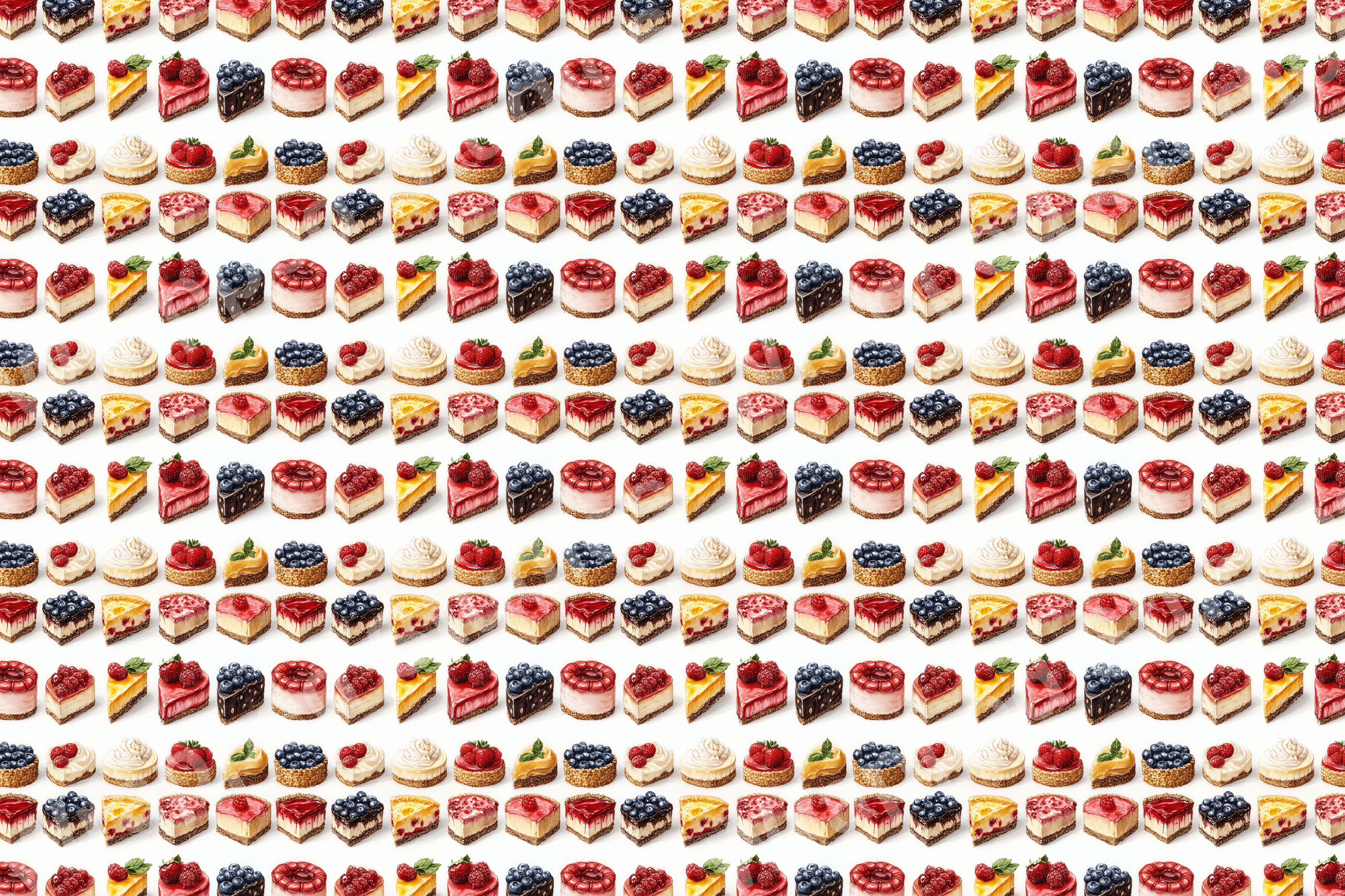 Repeating cheesecake pattern with various berry toppings in watercolor style.