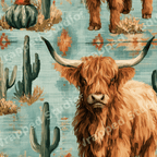 Rustic highland cow and cactus pattern with southwestern geometric designs on a textured teal background.