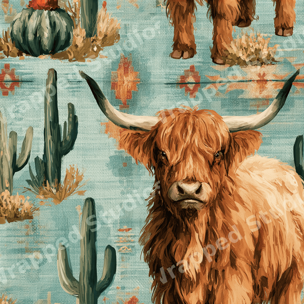 Rustic highland cow and cactus pattern with southwestern geometric designs on a textured teal background.