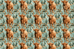 Rustic highland cow seamless pattern with green desert cacti on a teal southwestern background.