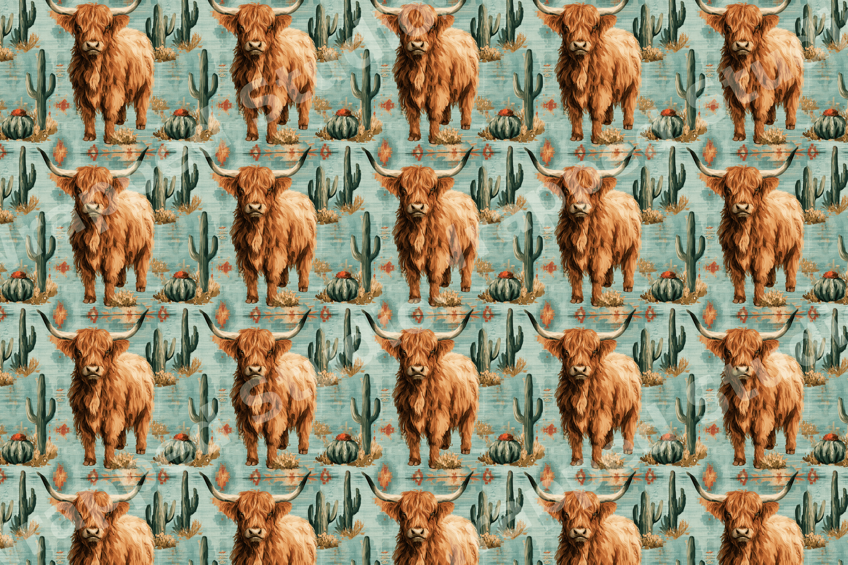 Rustic highland cow seamless pattern with green desert cacti on a teal southwestern background.