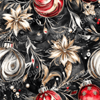 Elegant floral pattern with watercolor flowers, silver ornaments, and glitter accents on a dark background.