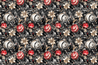 Elegant Christmas pattern with ornaments, gold flowers, and foliage on a black ground.