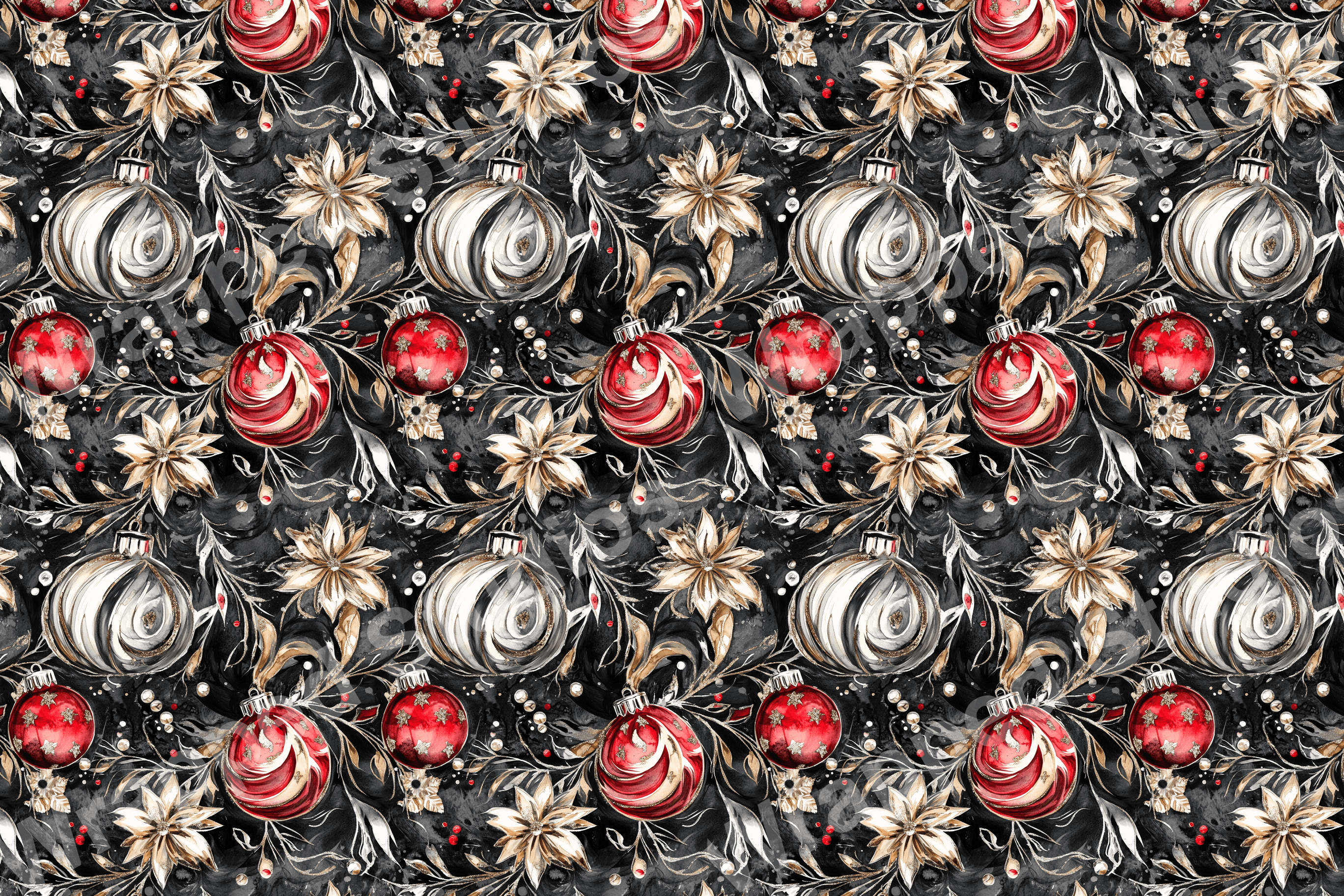 Elegant Christmas pattern with ornaments, gold flowers, and foliage on a black ground.