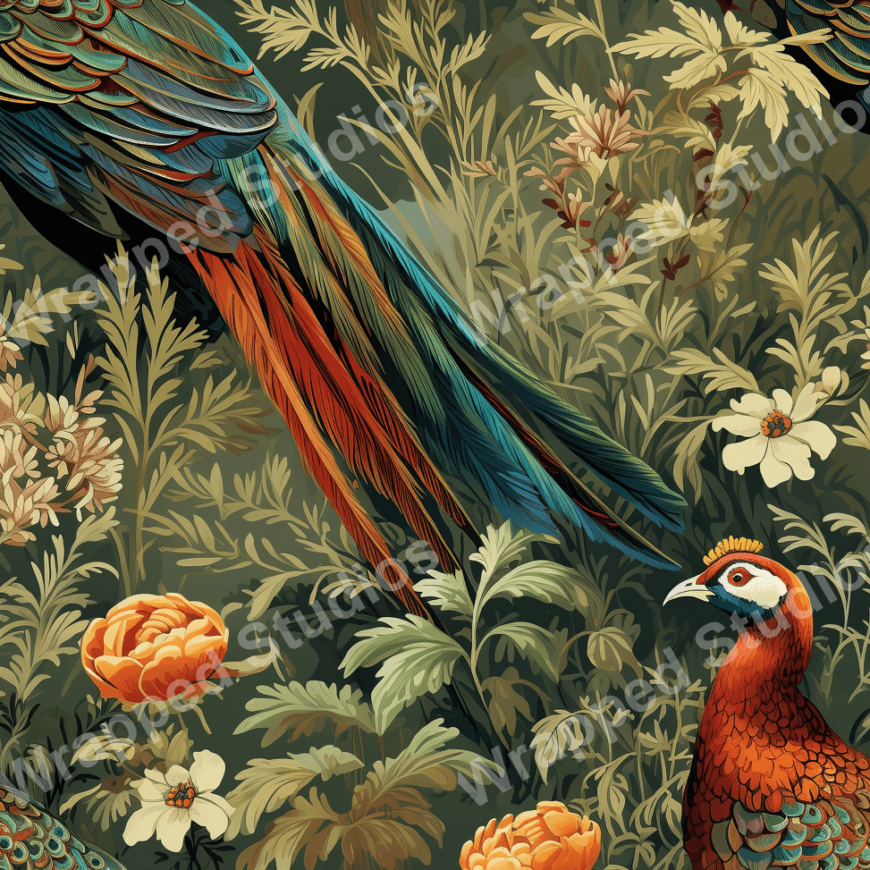 Elegant floral pattern with peacocks, pheasants, and botanical accents in shades of green, orange and white.