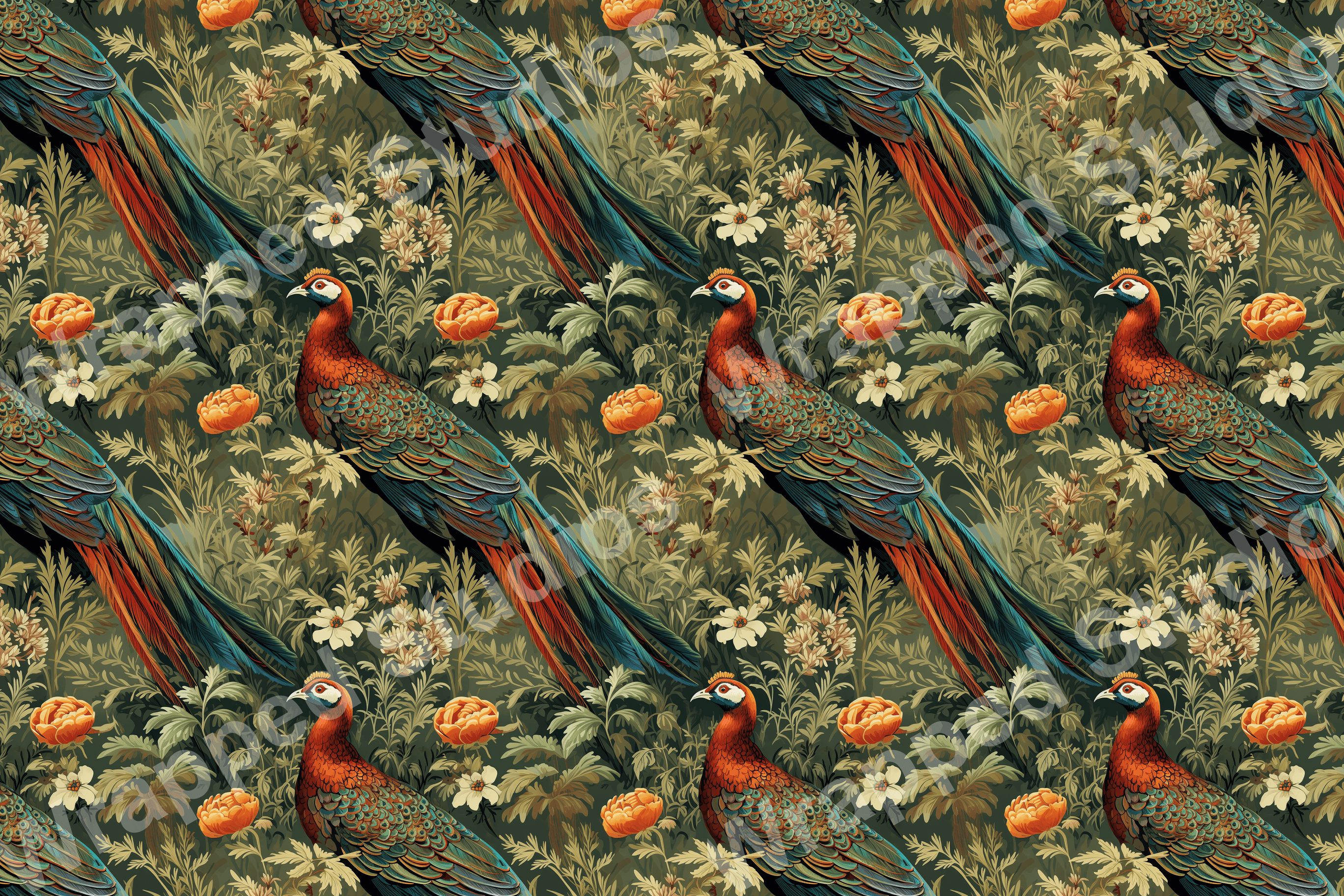 Elegant vintage botanical design featuring peacocks and floral elements on a dark green background.