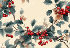 Classic holly berry and leaf botanical pattern in red and blue-green on cream.