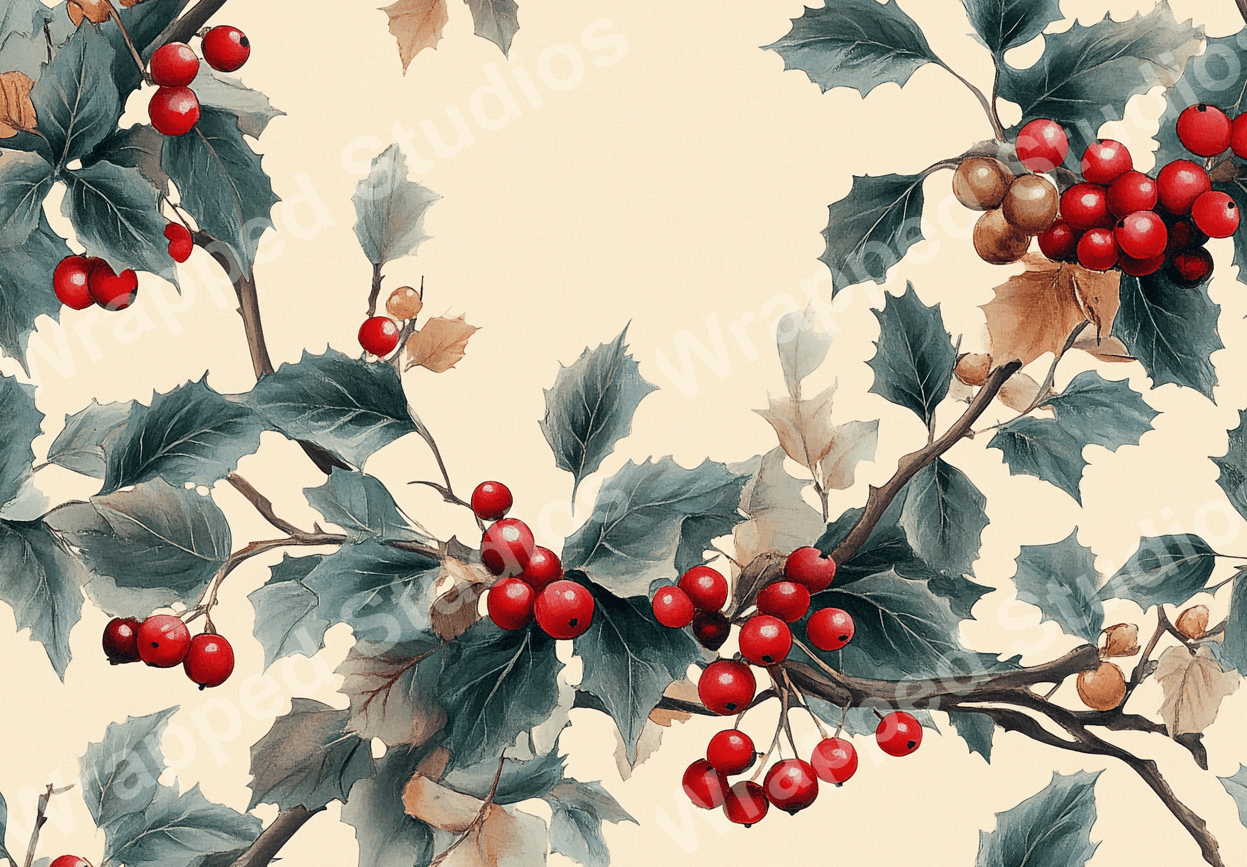 Classic holly berry and leaf botanical pattern in red and blue-green on cream.