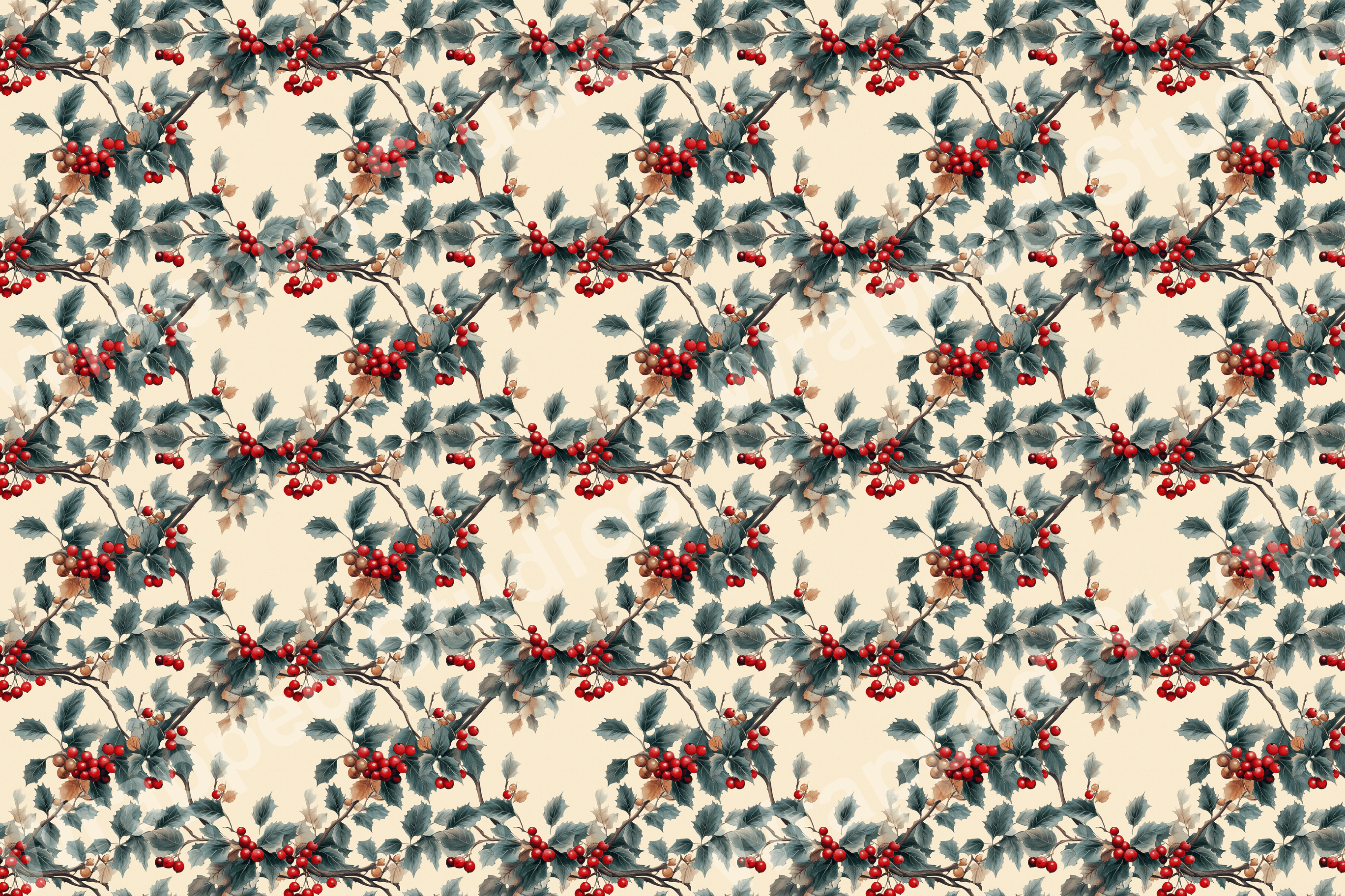 Elegant holly berry pattern with scarlet red berries and muted green leaves on a cream background.