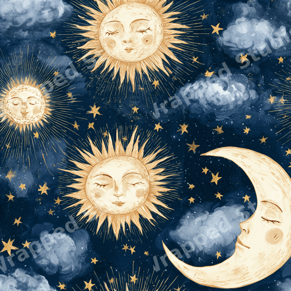 Vintage celestial pattern with watercolor gold sun and crescent moon faces, stars, and navy blue clouds.
