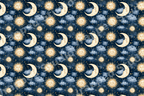 Mystical celestial pattern with golden watercolor suns, crescent moons, and clouds on a navy blue background.