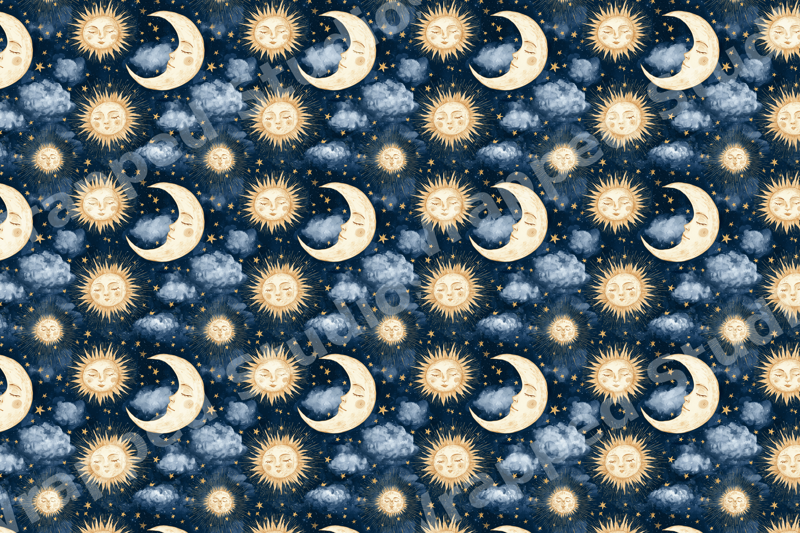 Mystical celestial pattern with golden watercolor suns, crescent moons, and clouds on a navy blue background.