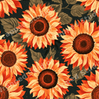 Vintage botanical sunflower pattern with vibrant orange and yellow flowers on a black background.