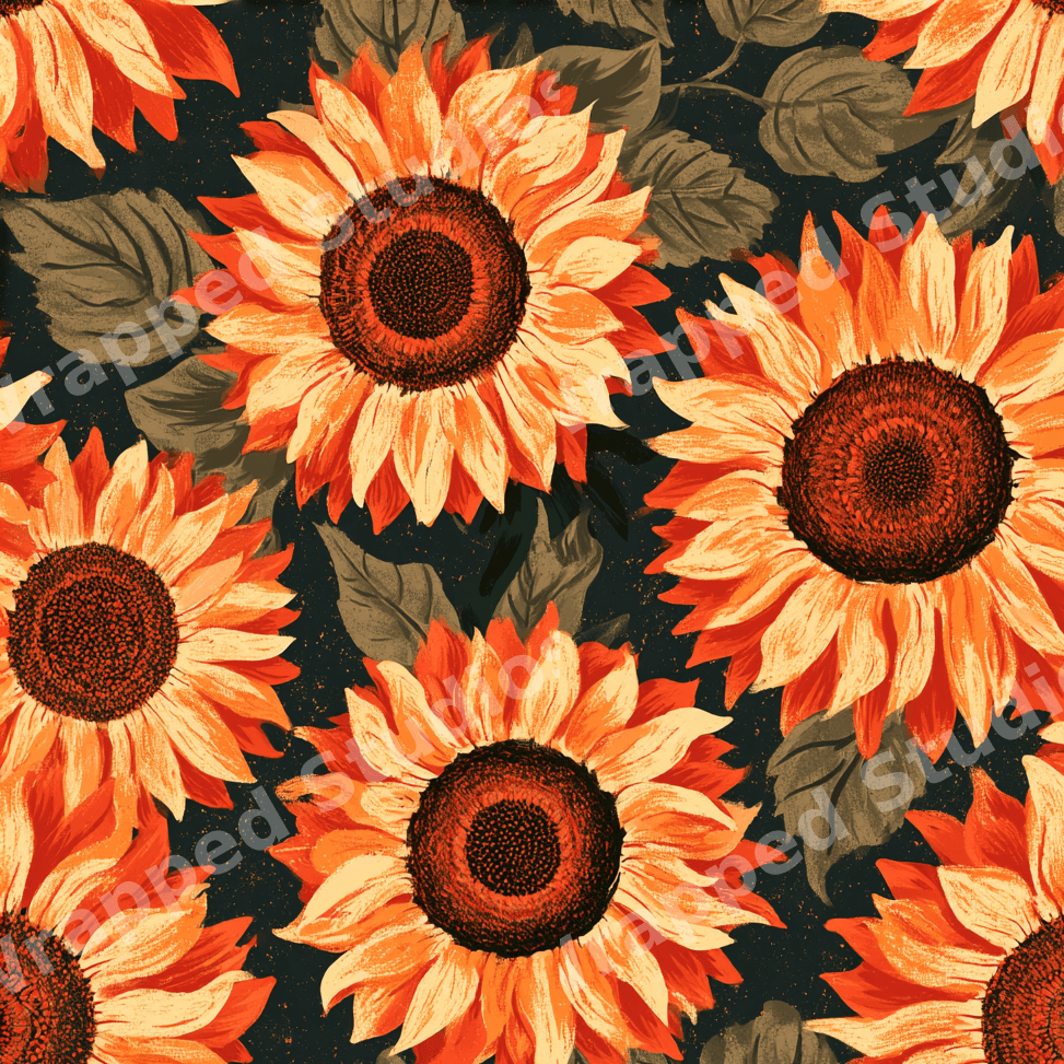 Vintage botanical sunflower pattern with vibrant orange and yellow flowers on a black background.