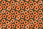 Retro sunflower pattern featuring warm orange blossoms and green leaves in a vintage botanical design.