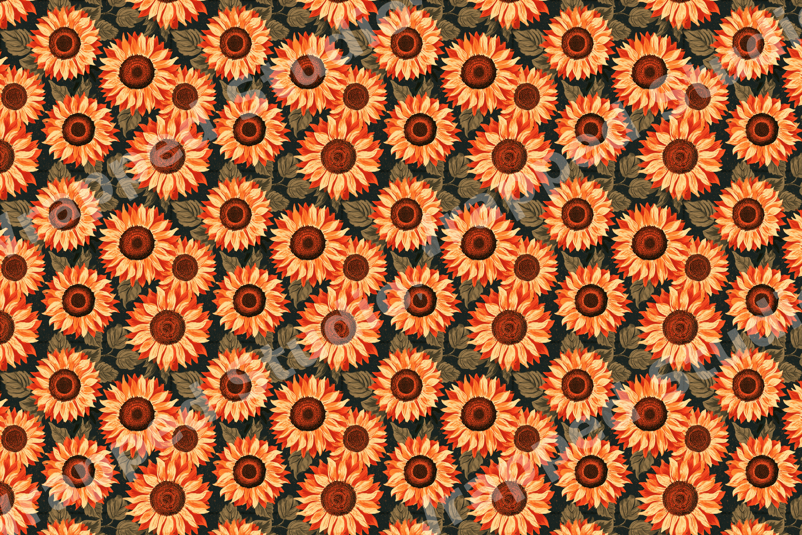 Retro sunflower pattern featuring warm orange blossoms and green leaves in a vintage botanical design.