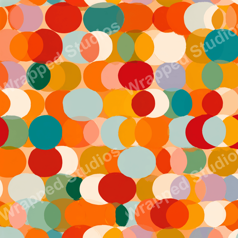 Bold geometric pattern with overlapping circles in orange, red, teal, and green hues.