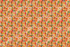 Retro geometric pattern with overlapping circles in orange, red, teal and beige hues.