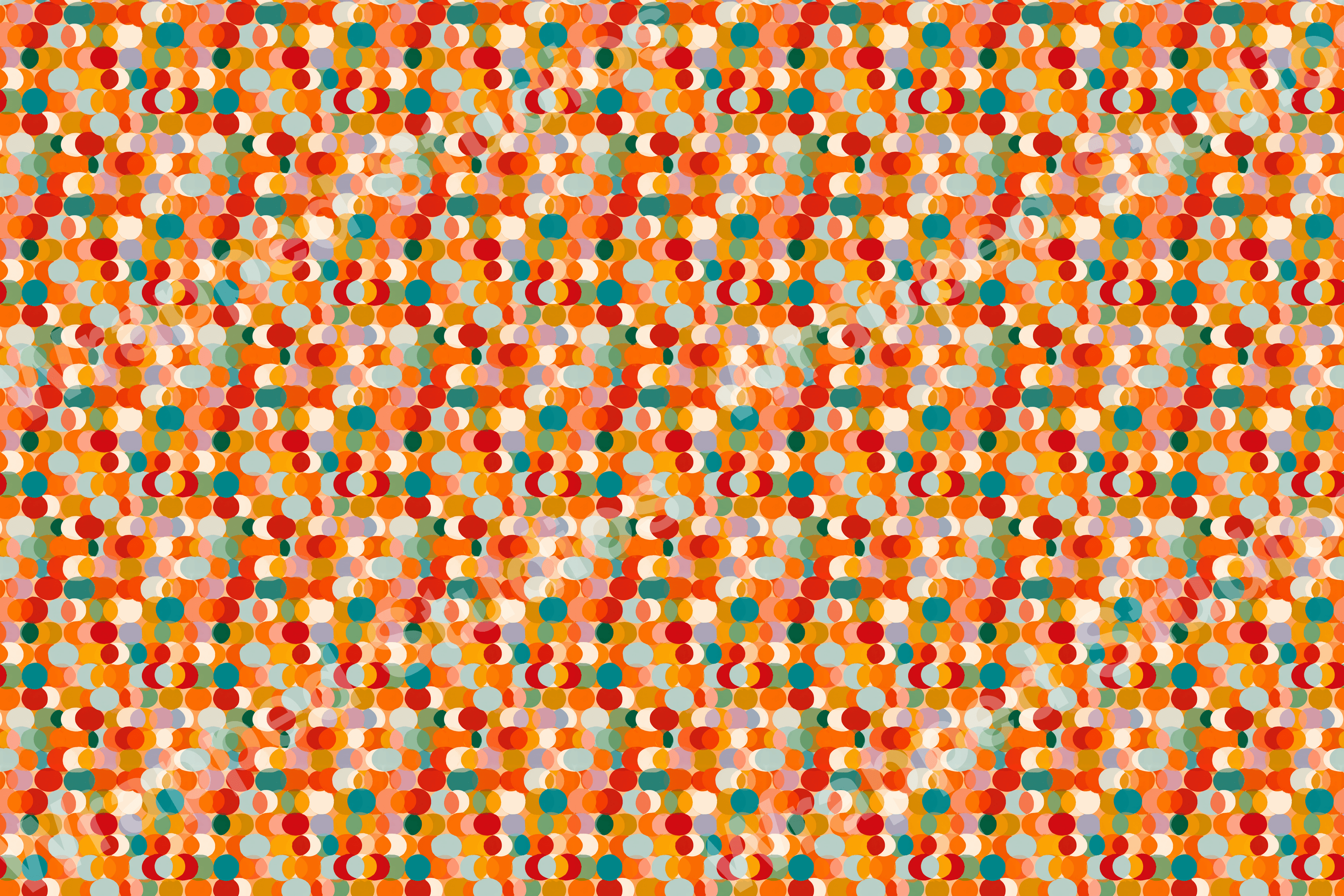 Retro geometric pattern with overlapping circles in orange, red, teal and beige hues.