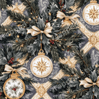 Elegant vintage Christmas pattern with gold ornaments, pine branches, and cream bows on dusty blue.
