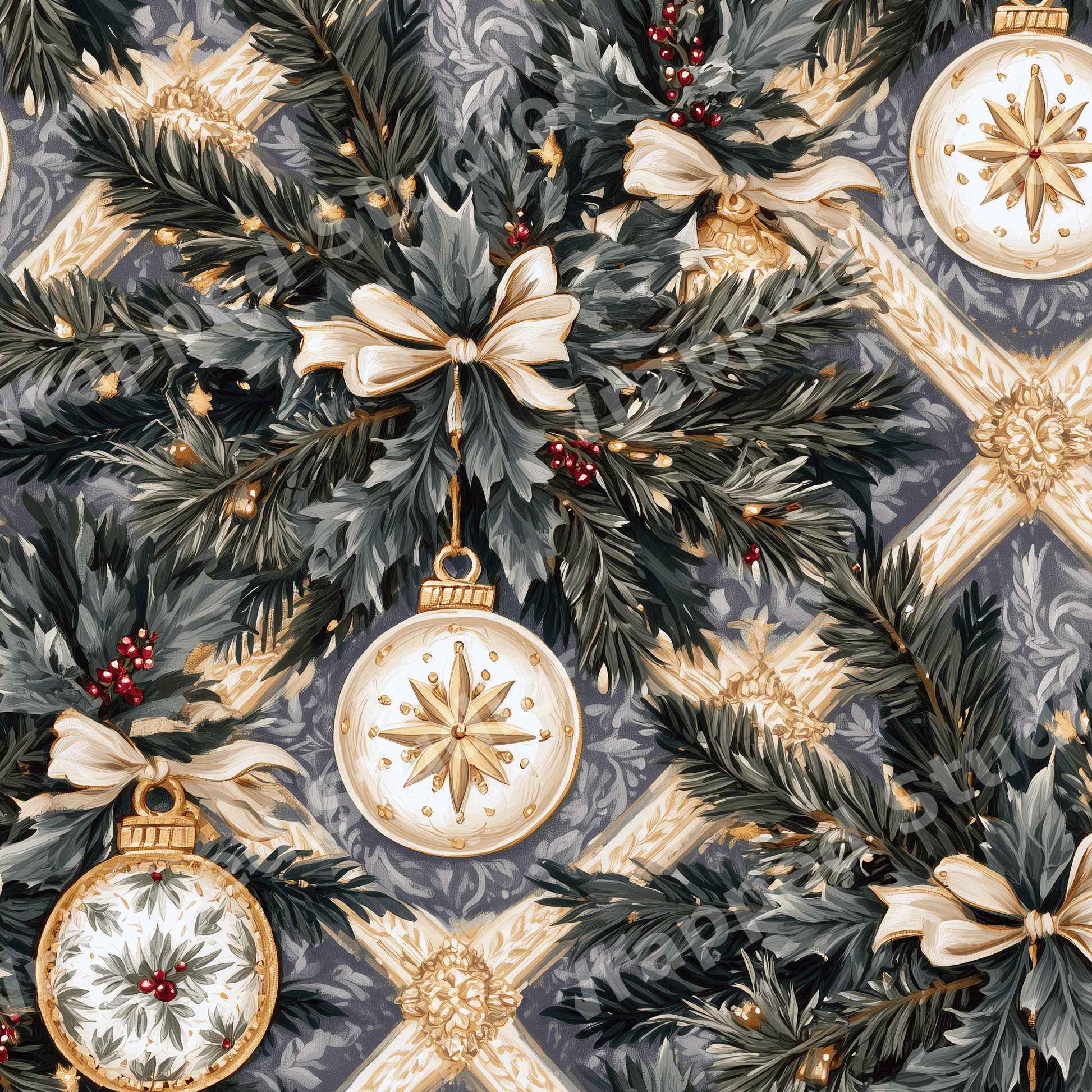 Elegant vintage Christmas pattern with gold ornaments, pine branches, and cream bows on dusty blue.