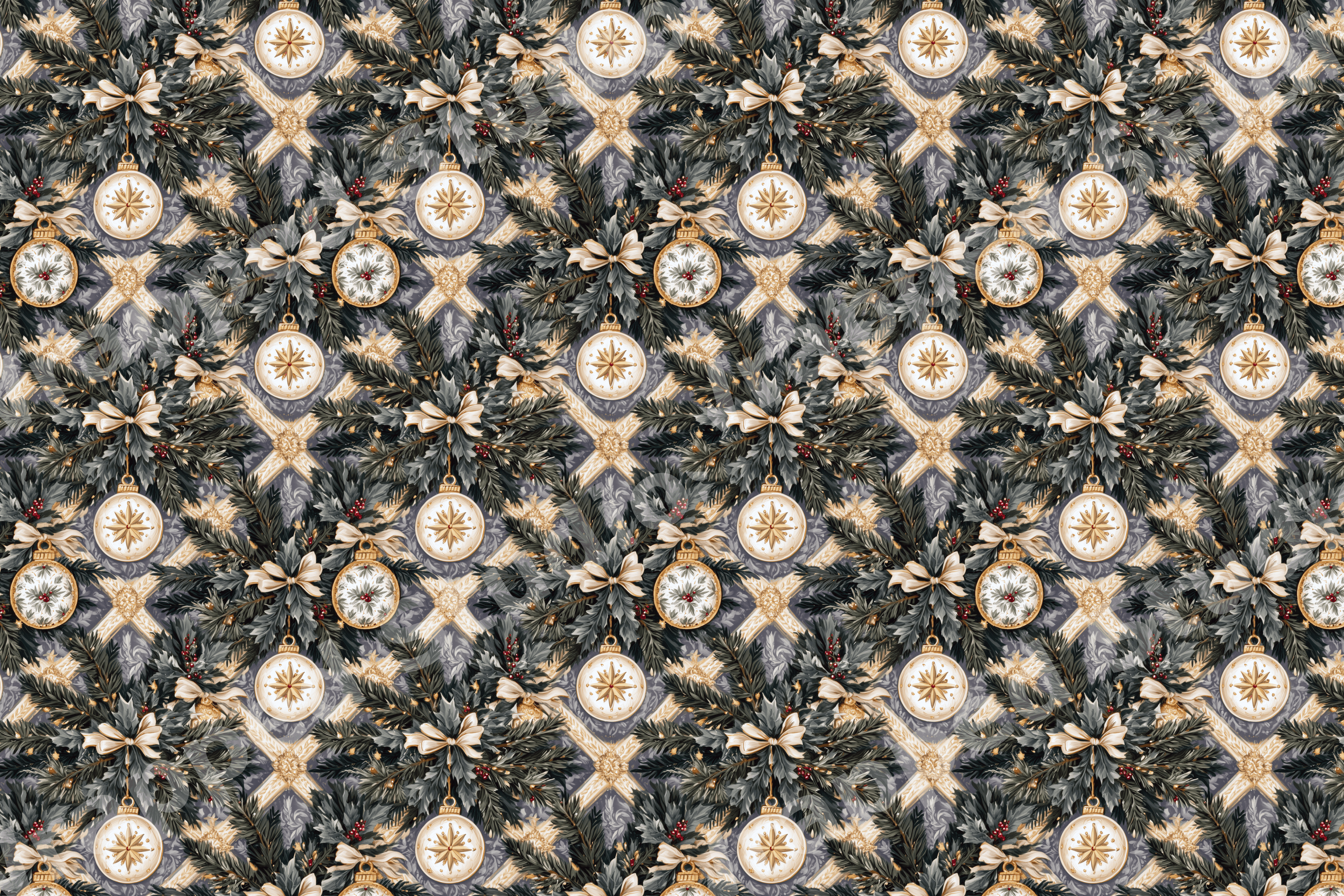 Vintage botanical Christmas pattern with evergreen pine branches, cream ornaments, and elegant gold details.