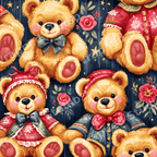 Nostalgic vintage teddy bear pattern with pink roses and gold stars on a dark navy blue background.