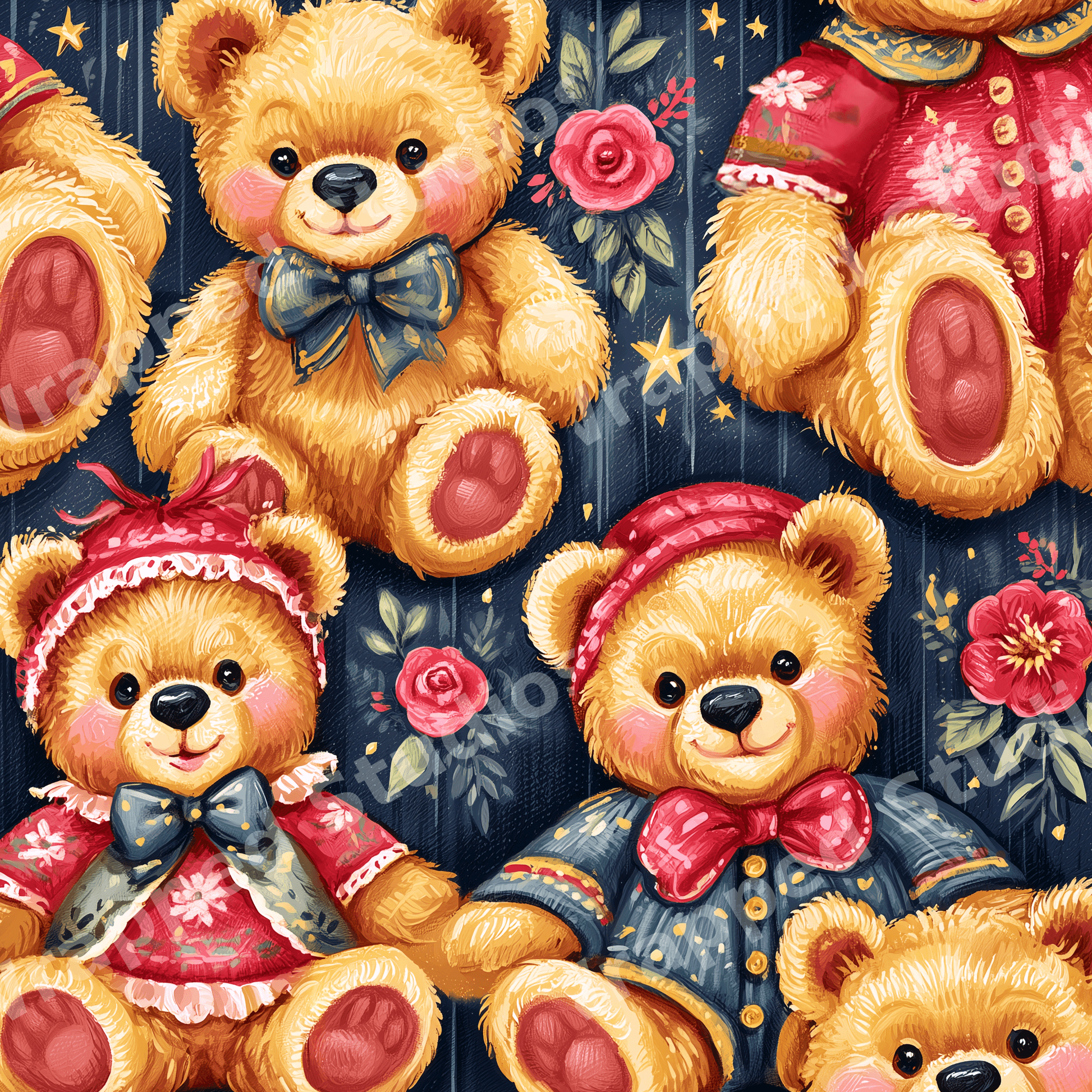 Nostalgic vintage teddy bear pattern with pink roses and gold stars on a dark navy blue background.