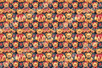 Vintage teddy bear pattern featuring cute dressed bears, red roses, and tiny stars on a navy blue background.