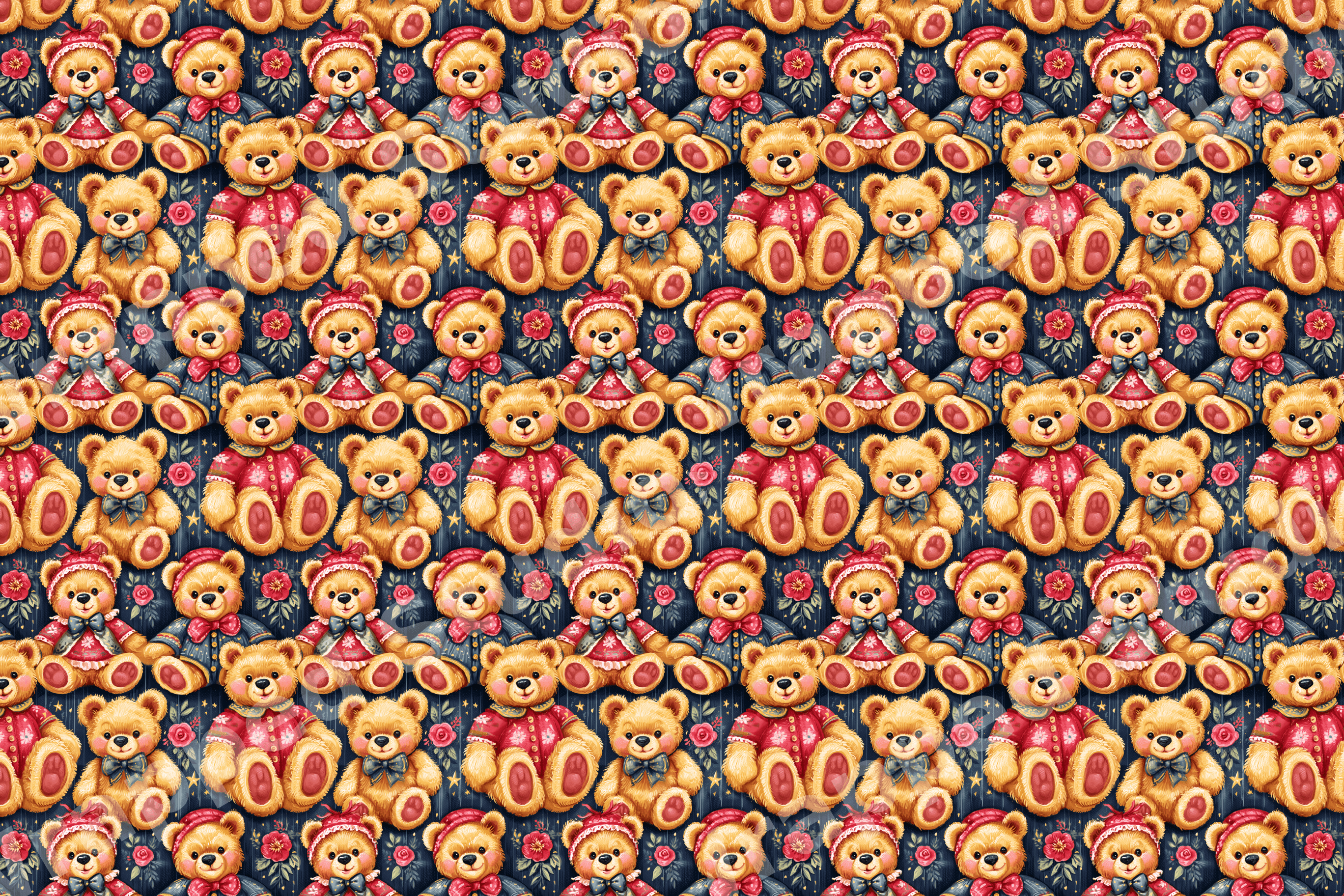 Vintage teddy bear pattern featuring cute dressed bears, red roses, and tiny stars on a navy blue background.