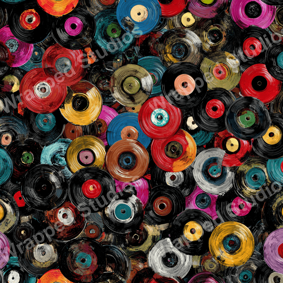 Seamless pattern design of colorful, vintage vinyl records in black, red, yellow, blue and pink hues.