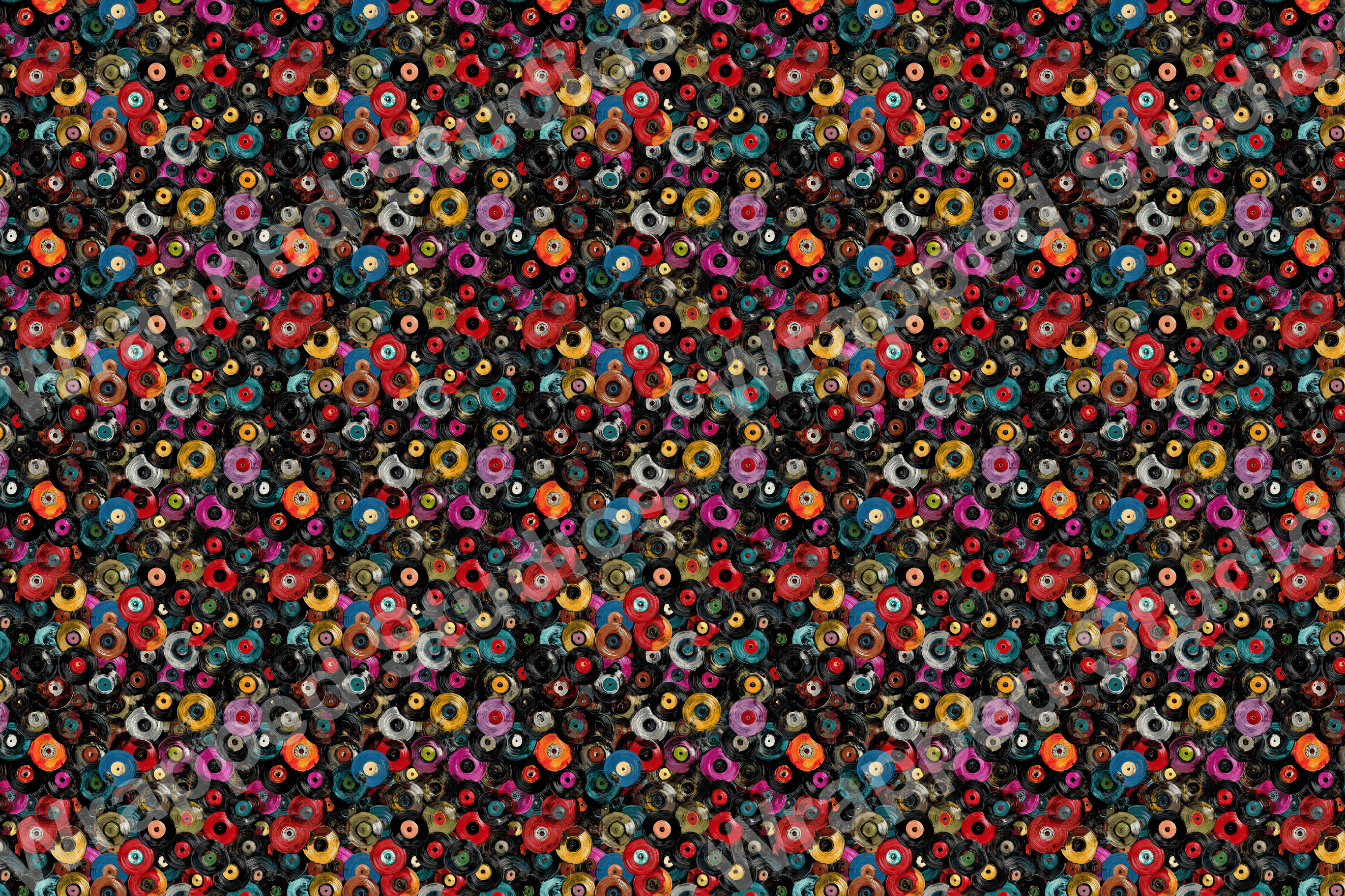 A colorful, retro seamless pattern with painted vinyl records on a black ground.