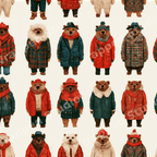 Seamless cozy winter bear pattern featuring illustrated woodland bears in red and blue coats.