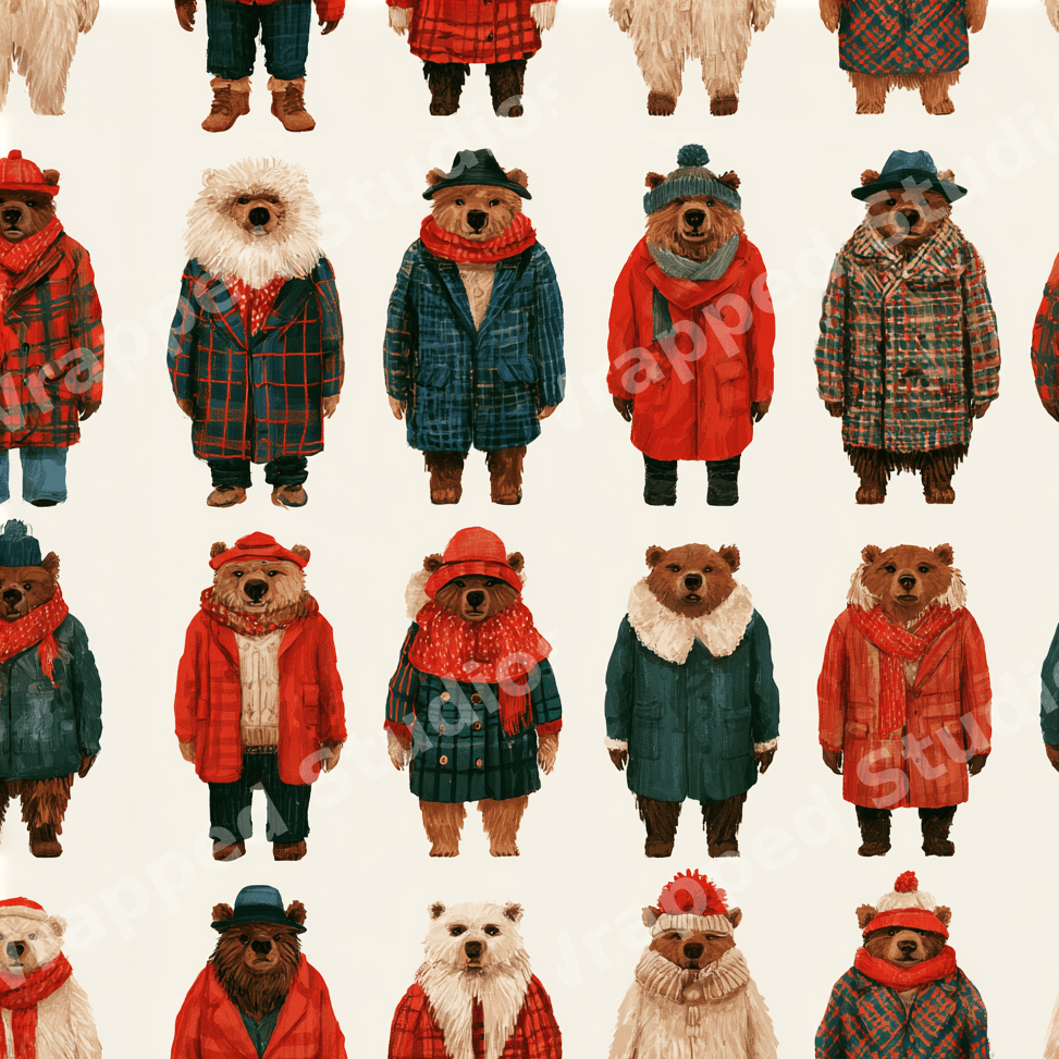 Seamless cozy winter bear pattern featuring illustrated woodland bears in red and blue coats.