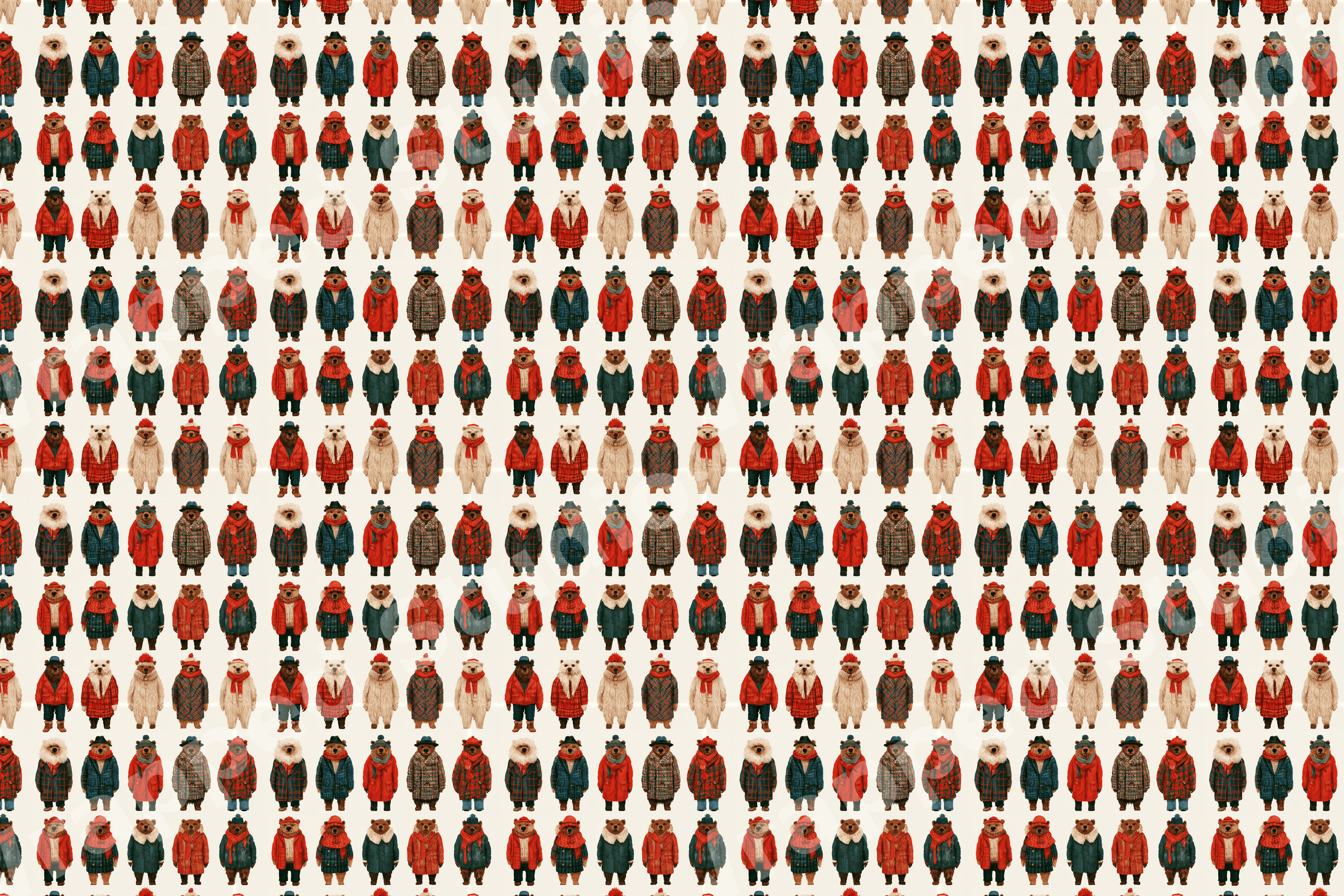 Playful winter bear pattern with illustrated polar and grizzly bears in cozy red and green coats.