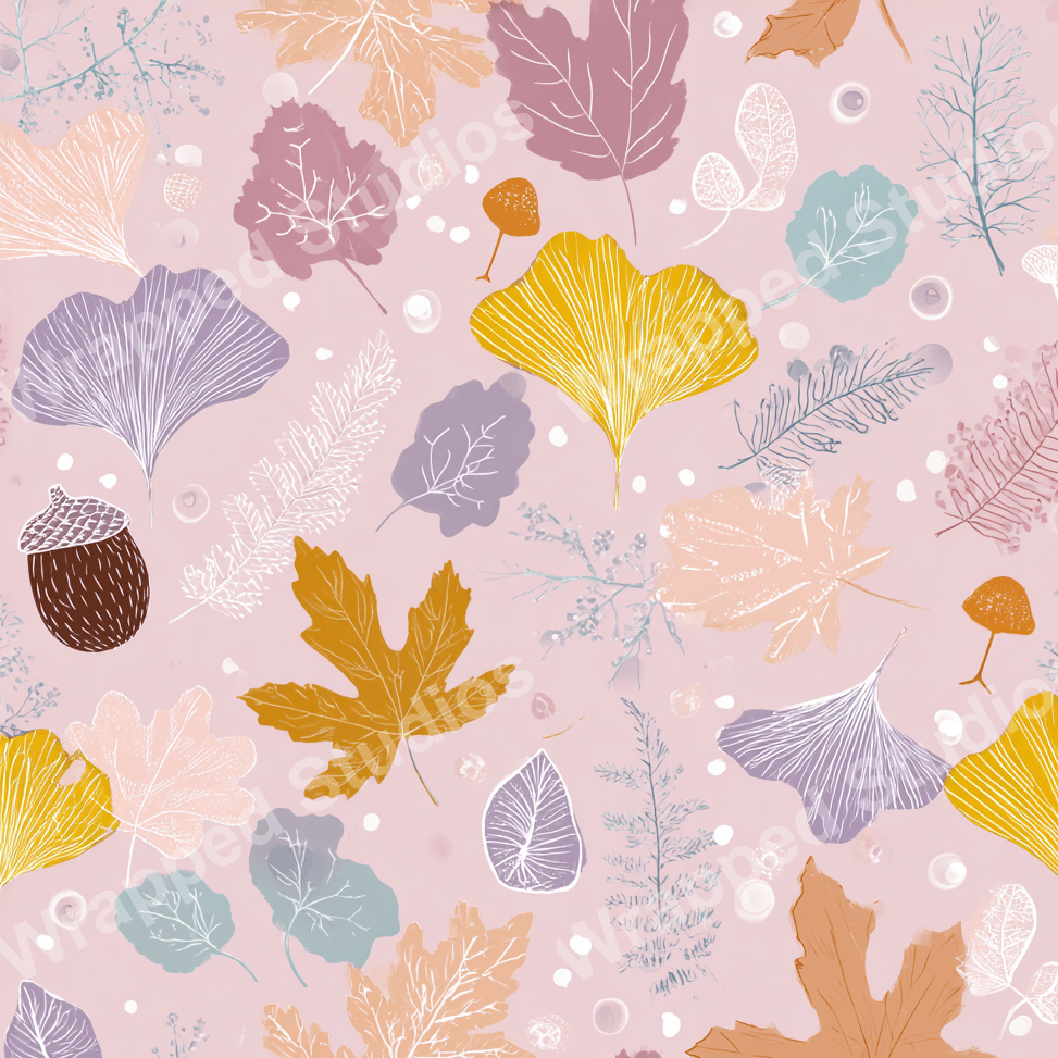 Seamless autumn leaf pattern with maple and ginko leaves in shades of gold, peach, purple, and pink.