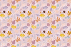 Autumn leaf pattern with ginkgo, maple, and oak leaves in shades of gold, lilac, and brown on a light pink background.