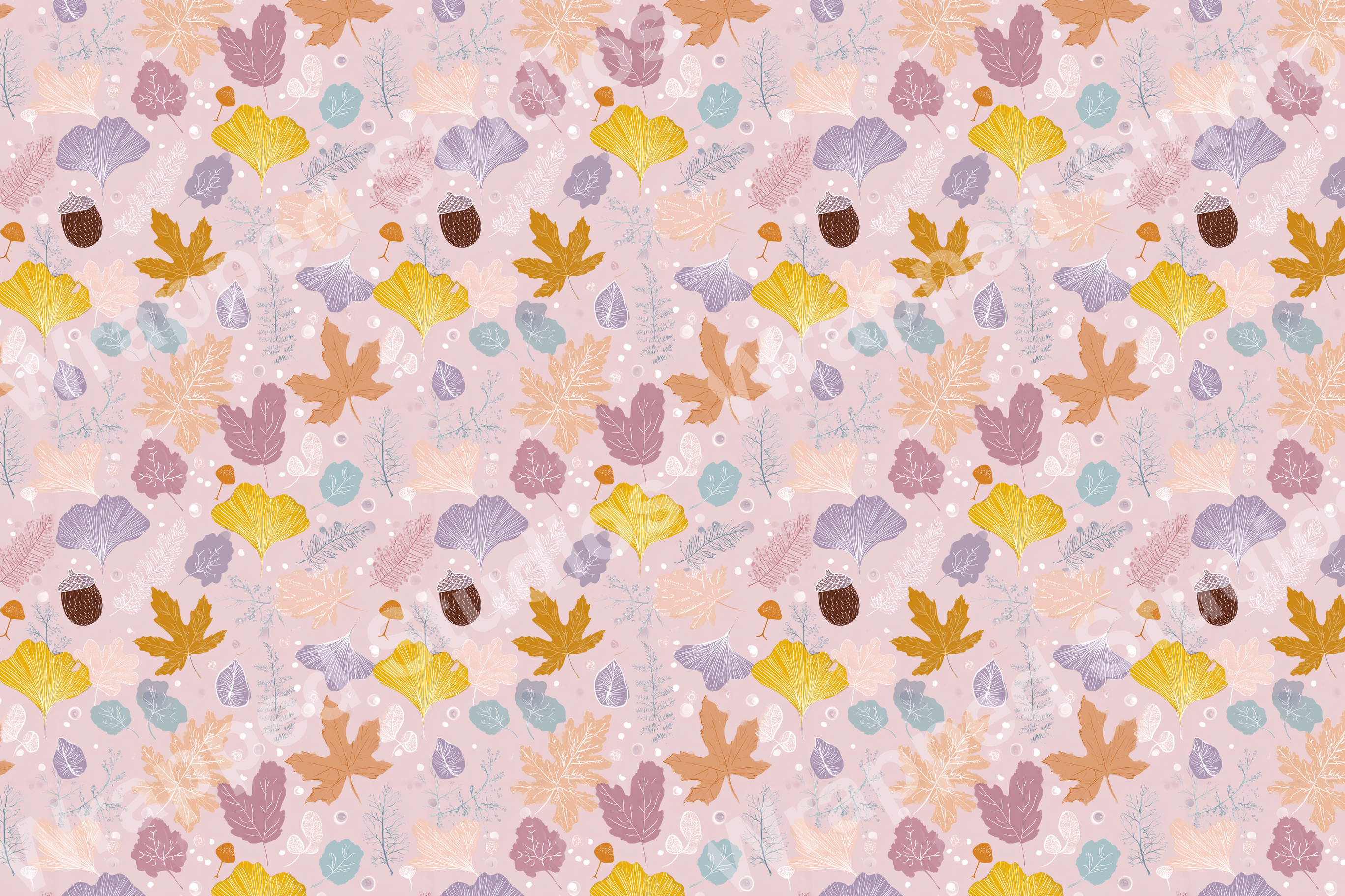 Autumn leaf pattern with ginkgo, maple, and oak leaves in shades of gold, lilac, and brown on a light pink background.