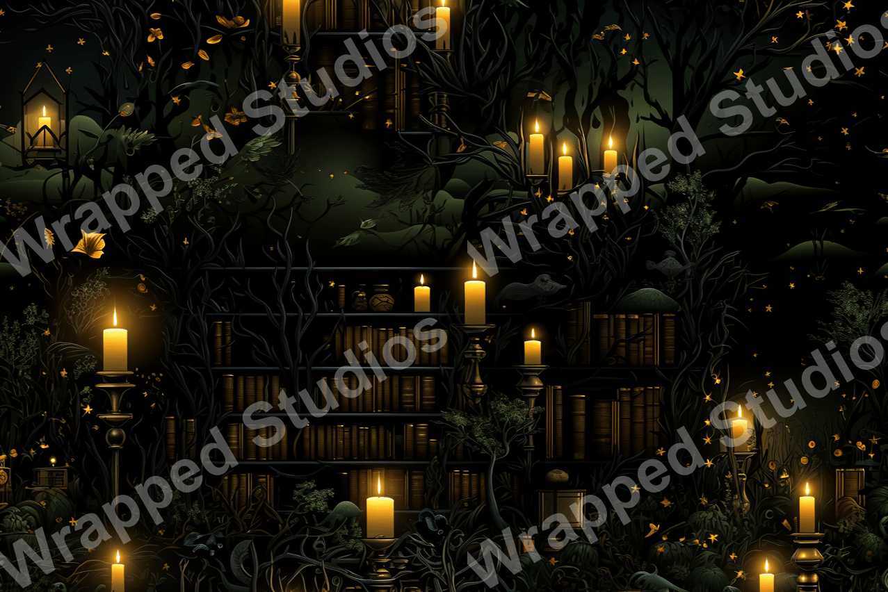 Whimsical library scene pattern with books, candles, and stylized plants on a dark background.